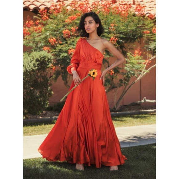 NWT Mac Duggal One Shoulder‎ Bishop Sleeve Flowy Gown Spice Orange Sz 6 - Picture 1 of 8